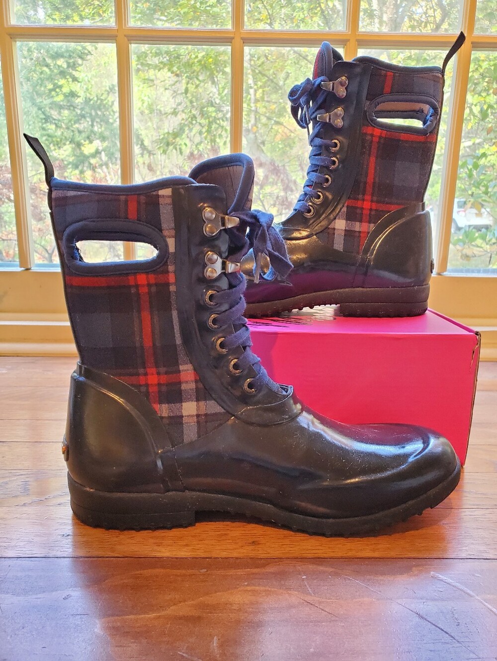 Plaid Lace-Up Rain Boots - Navy/Red - Unknown Brand